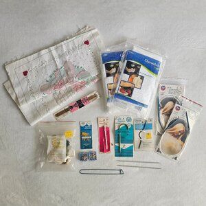 Vintage arts and crafts supplies,- sewing, knitting, and cross-stitch